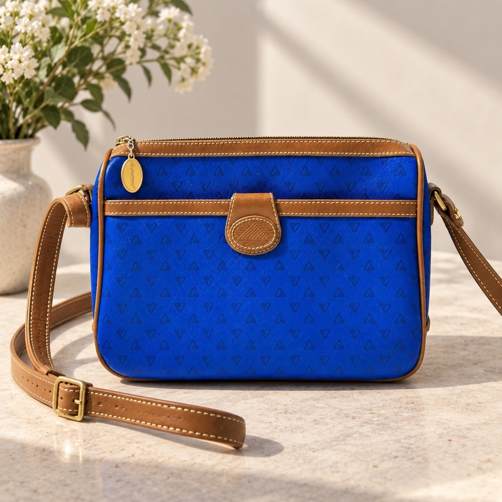 Liz Claiborne Crossbody Bag Size Small Blue Vintage 80s Monogram Leather Trim